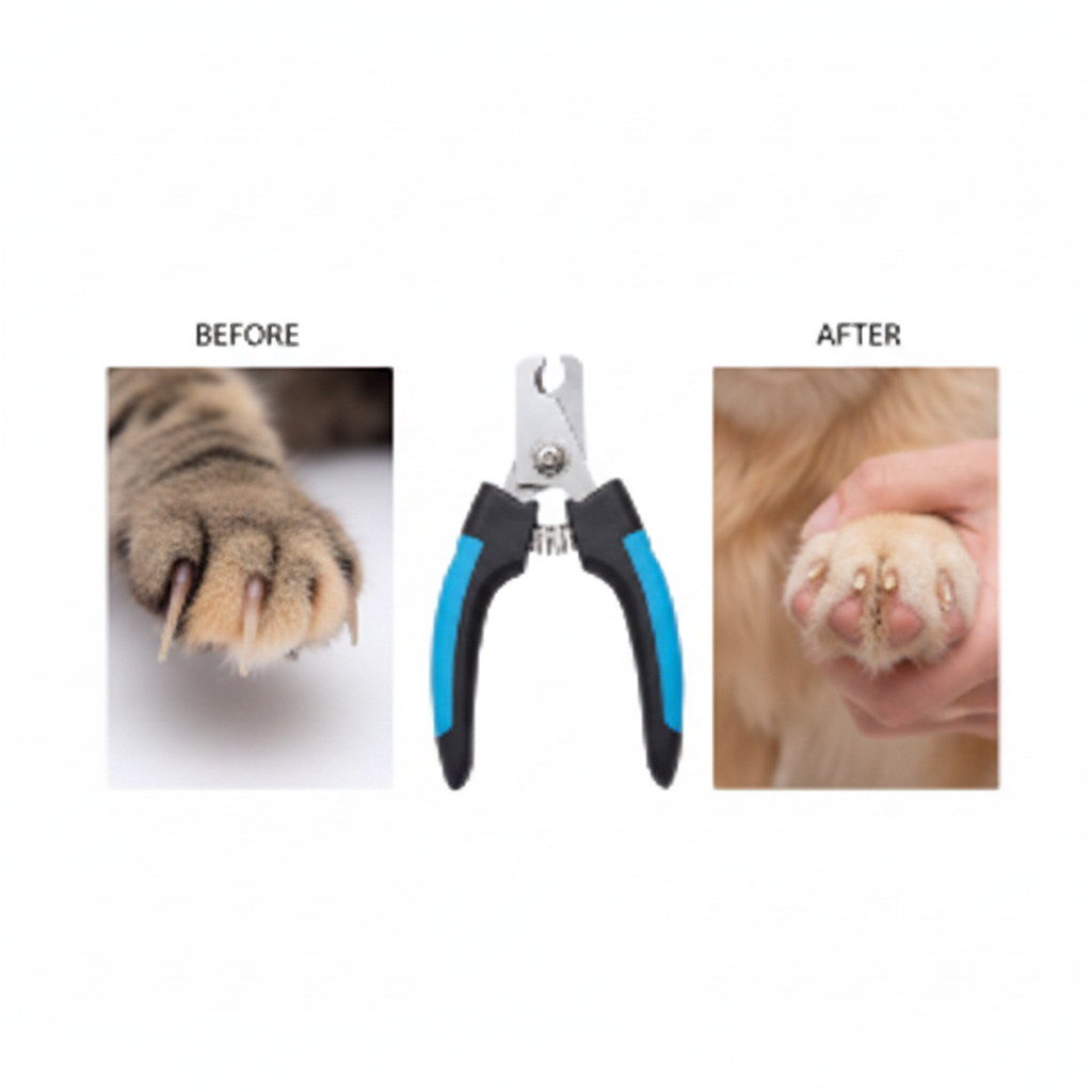 Comparación antes y después de cortar uñas de mascota con tijera profesional