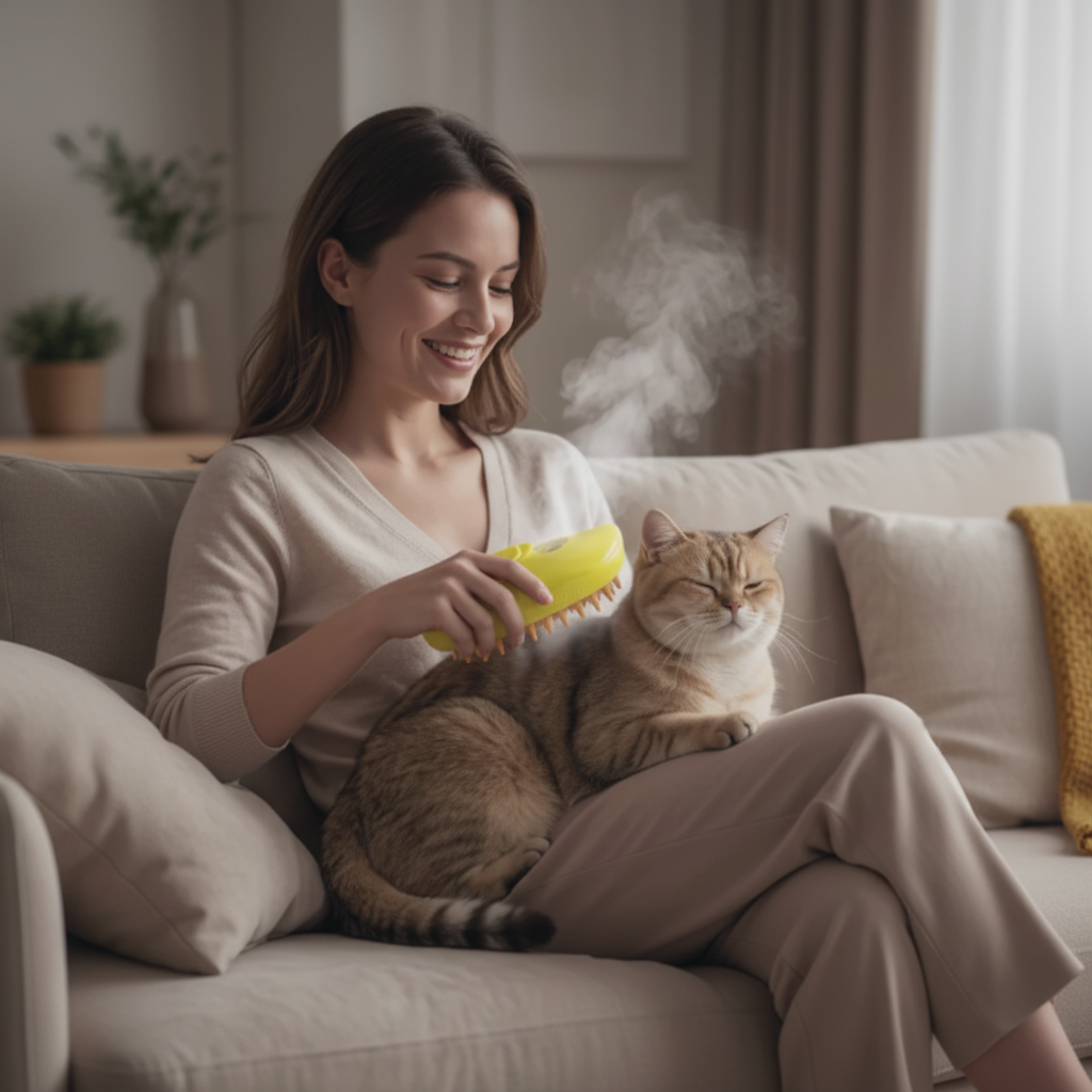 Mujer usando cepillo masajeador amarillo con vapor en gato atigrado – lifestyle