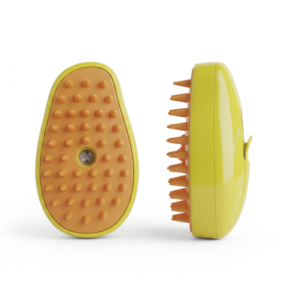 Cepillo masajeador con vapor para mascotas color amarillo – vista frontal fondo blanco