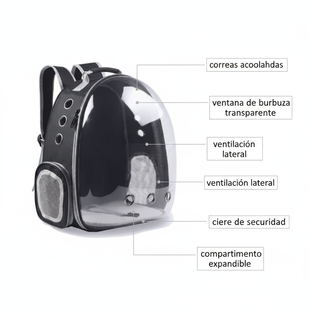 Infografía mochila transportadora DZ mostrando ventana burbuja, ventilación, correas acolchadas y compartimento expandible