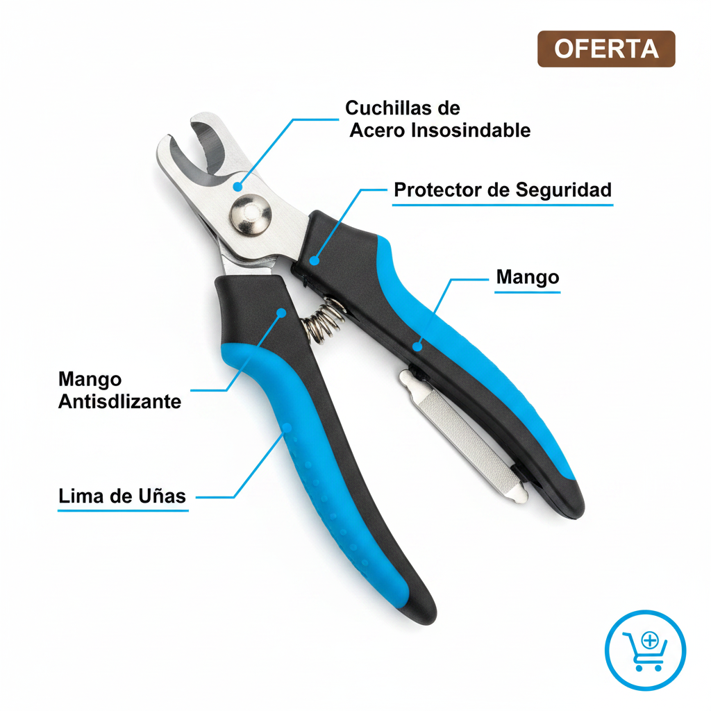 Infografía corta uñas para mascotas mostrando cuchillas de acero, protector y mango antideslizante