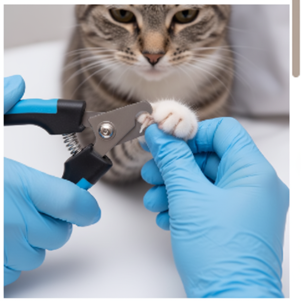 Manos con guantes azules cortando uñas de gato con tijera profesional para mascotas