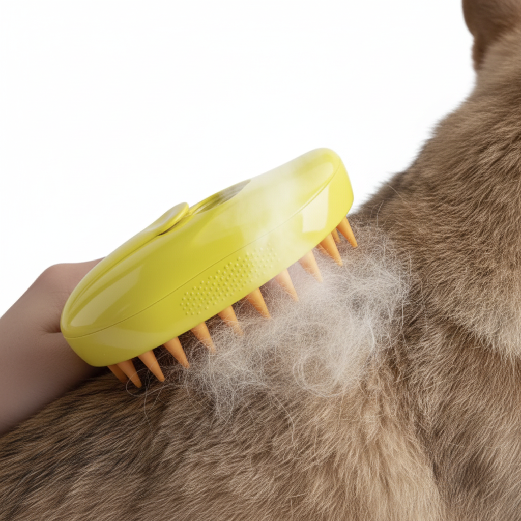 Cepillo masajeador JL02 eliminando pelo de mascota – cerdas de silicona en acción